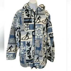 Active Stuff Vintage Fleece Jacket Ski Print Blue White Zip Up Size Small USA